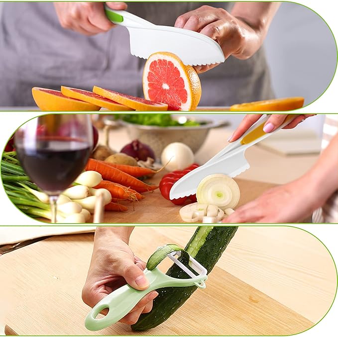 Kids Knifes Set,Children's Nylon Knives Safe Baking Real Cutting Cooking Childrens Knife Beginners Plastic Cut Fruits Salad Fun Firm Grip Toddler Chopping Friendly With Board Peeler 5Pack (green)