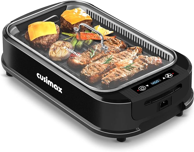 Smokeless Grill Indoor, CUSIMAX Electric Grill, 1500W Portable Korean BBQ Grill with LED Smart Display & Tempered Glass Lid, Non-stick Removable Plate, Dishwasher Safe, Black