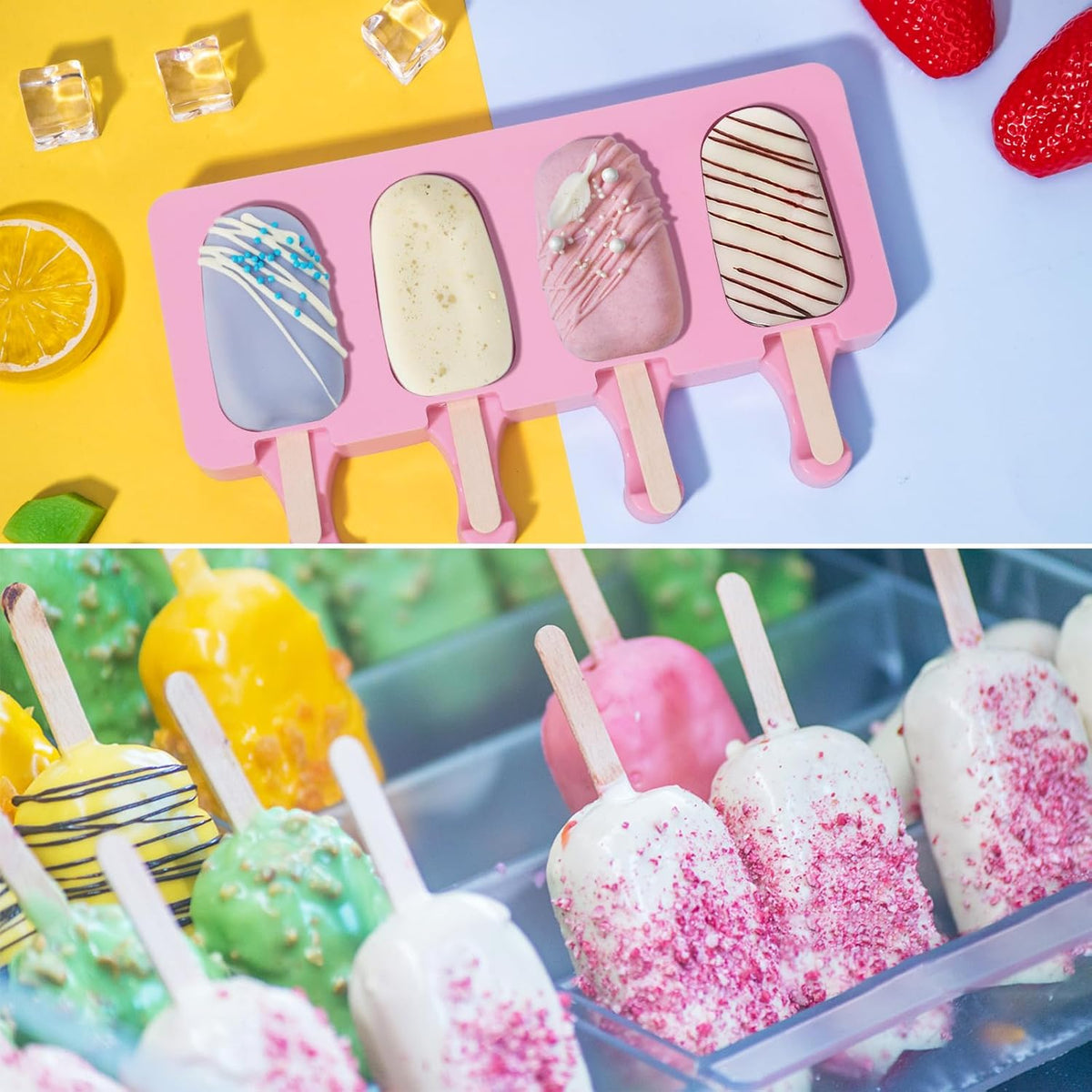 Ozera Silicone Popsicles Molds, 2 Pack Reusable Cake Pop Molds Popsicle Maker Ice Pop Cakesicle Molds with 50 Wooden Sticks & 50 Popsicle Bags for DIY Popsicles