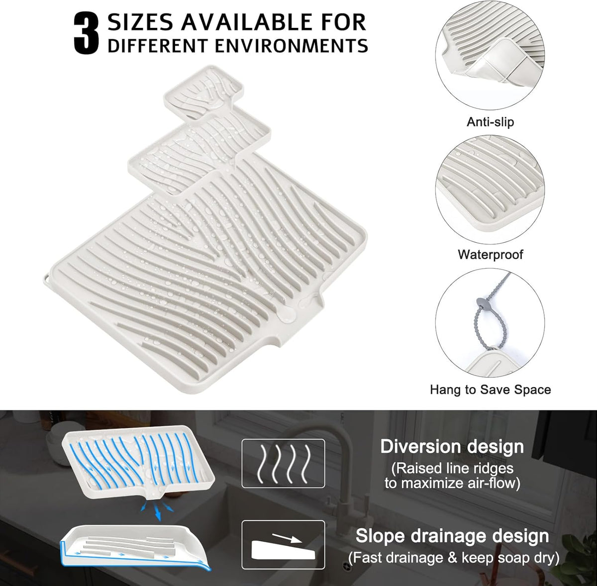 Silicone Dish Drying Mat for Kitchen Counter, Dish Drying Pad, Non-Slip Drain Pad with Built-in Drain, Heat Resistant Stone Drying Mat, 3 pcs (Cream)