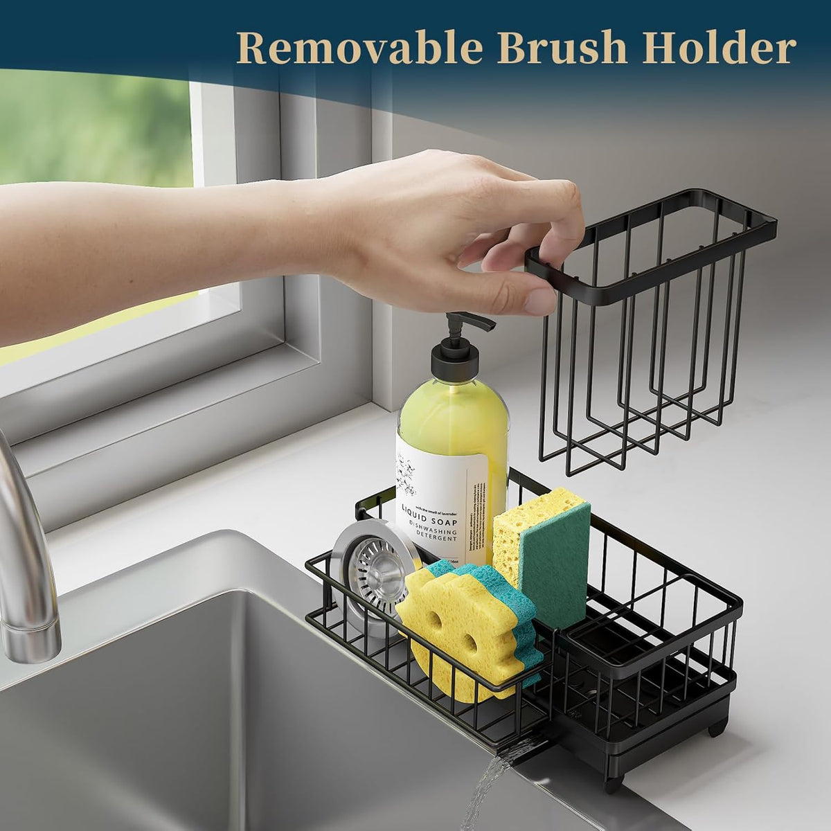 Consuemst Sponge Holder for Kitchen Sink - Auto Draining Sink Caddy Organizer with Detachable Rack, High Brush Holder, Kitchen Countertop Storage Accessories, Black
