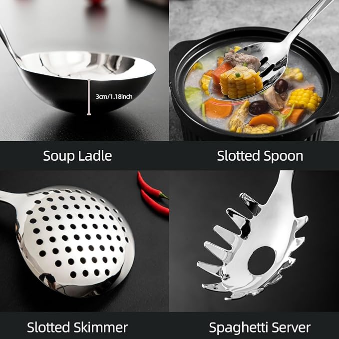 18/8 Stainless Steel Cooking Utensil set, 8 Pieces Metal Kitchen Utensils set, Slotted Spoon,Meat Fork,Ladle,Skimmer,Spatula,Spaghetti Server,Large Spoon,Masher (Dishwasher Safe, Silver)