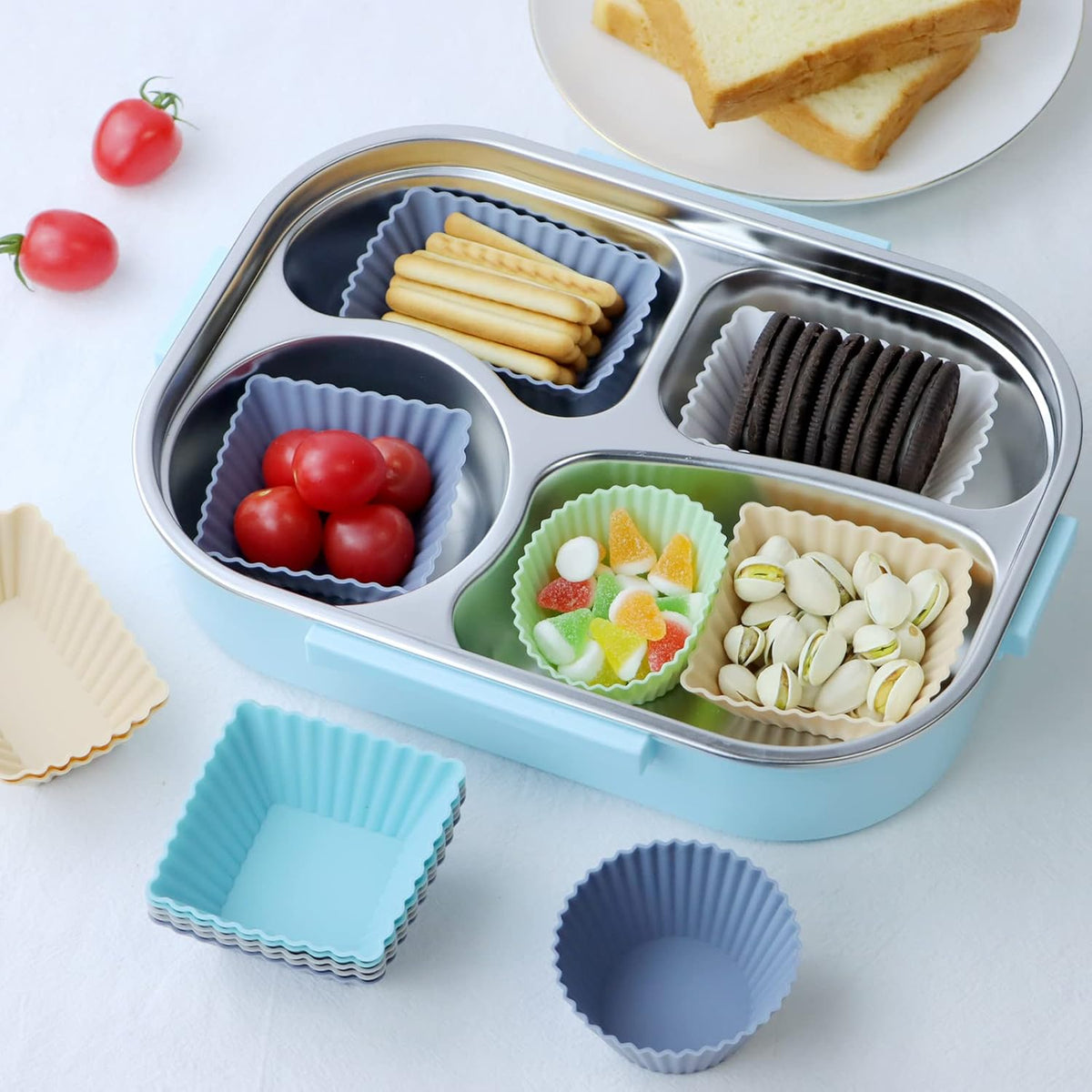 12-Pack Silicone Cupcake Liners, Reusable Muffin Cups – Round, Square & Rectangle Baking Cups, Non-Stick, Easy to Clean, Bento Box Accessories, Lunch Box Dividers for Kids