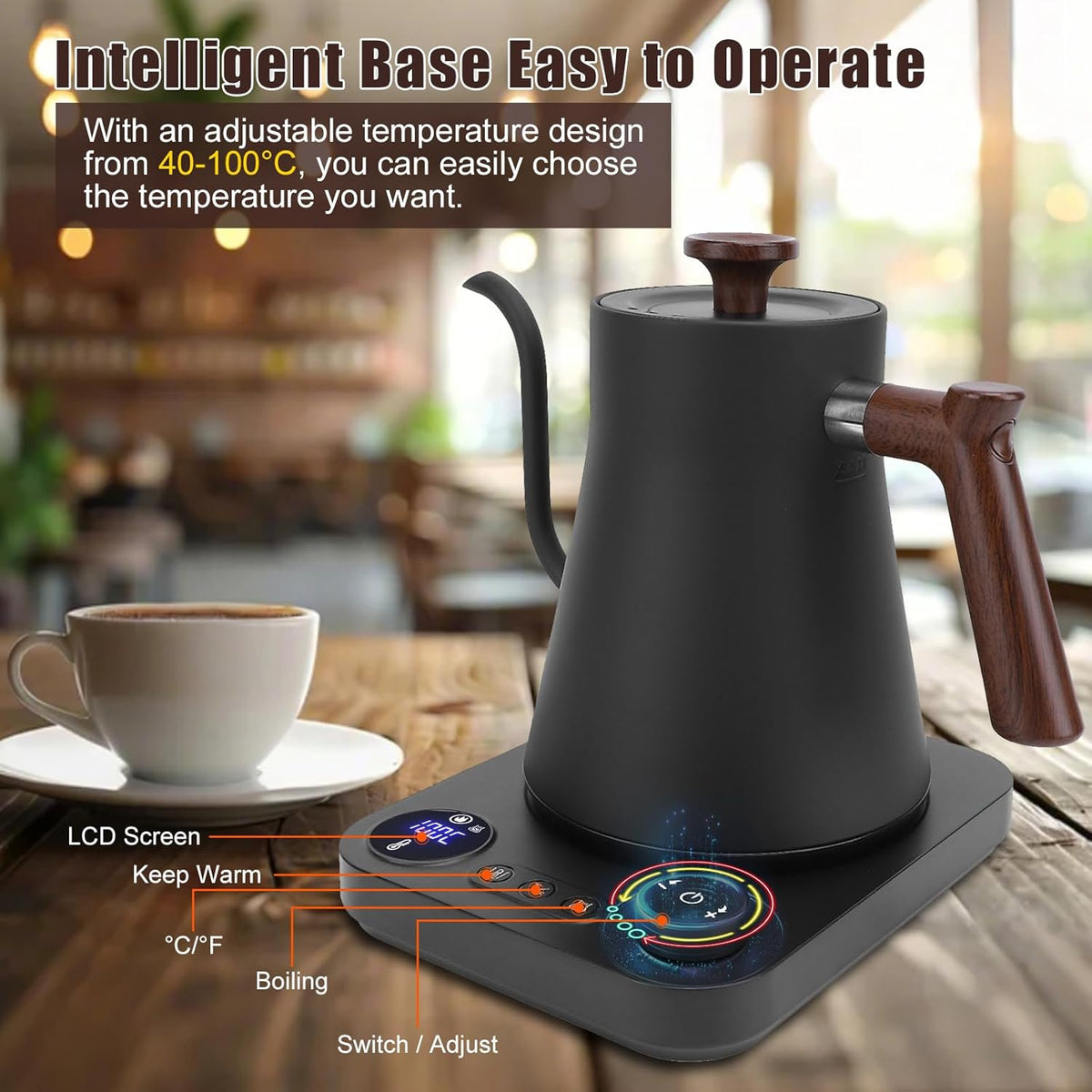 Electric Gooseneck Tea Kettle with Temperature Control, 1200W Electric Coffee Kettle Auto Shut Off Fast Heating, Stainless Steel Smart Water Heater with Timer for Brew Tea, Boil Hot Water (Black)