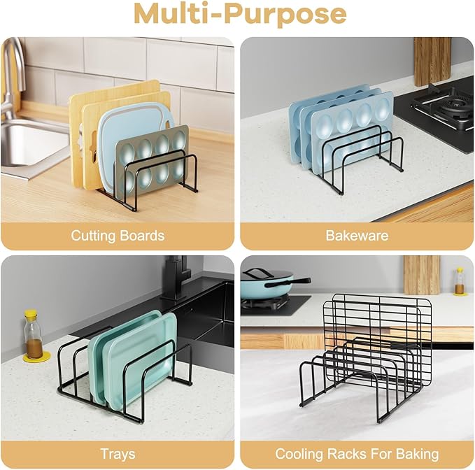 Cutting Board Organizer and Baking Sheet Rack, [2-Pack] Black Heavy Duty Metal Cookie Sheet Organizer for Cutting Board Storage & Plate Holder for Cabinet, Tray Dividers for Cabinets