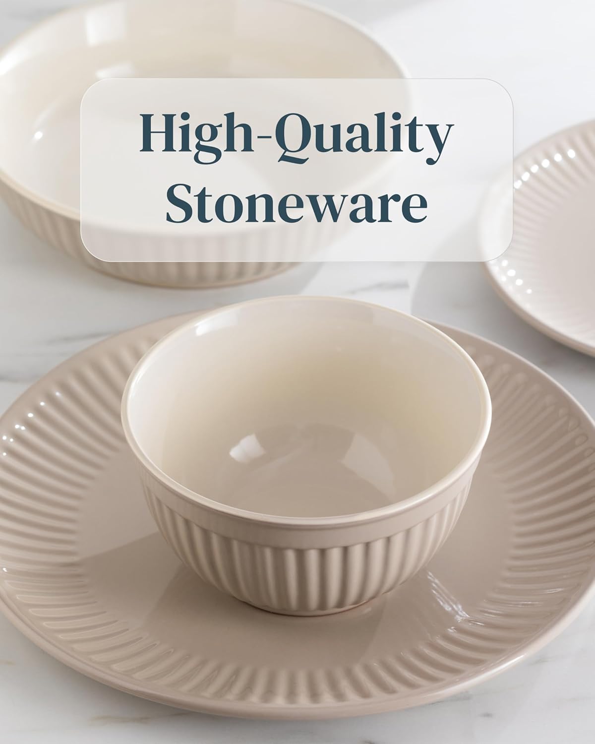 Stoneware Dinnerware Set for 4 People HYGGE 12-Piece - Elegant Scandi Design - Premium Dish Set - Bowl and Plate Set - Tableware for 4 People in a Ribbed Design - Pure Living in Light Brown