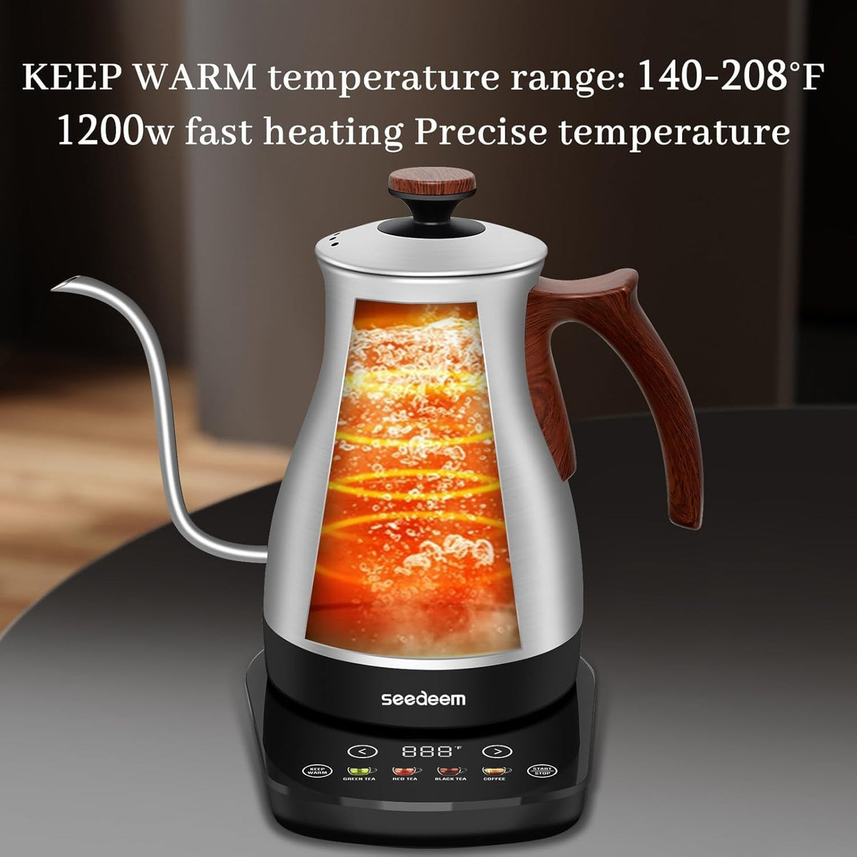 SEEDEEM Gooseneck Electric Kettle, 1L 1200W Touch Screen Pour-Over Kettle with 4 Heating Modes, ±1℉ Temp Control, Keep Warm Function, for Tea & Coffee, Silver