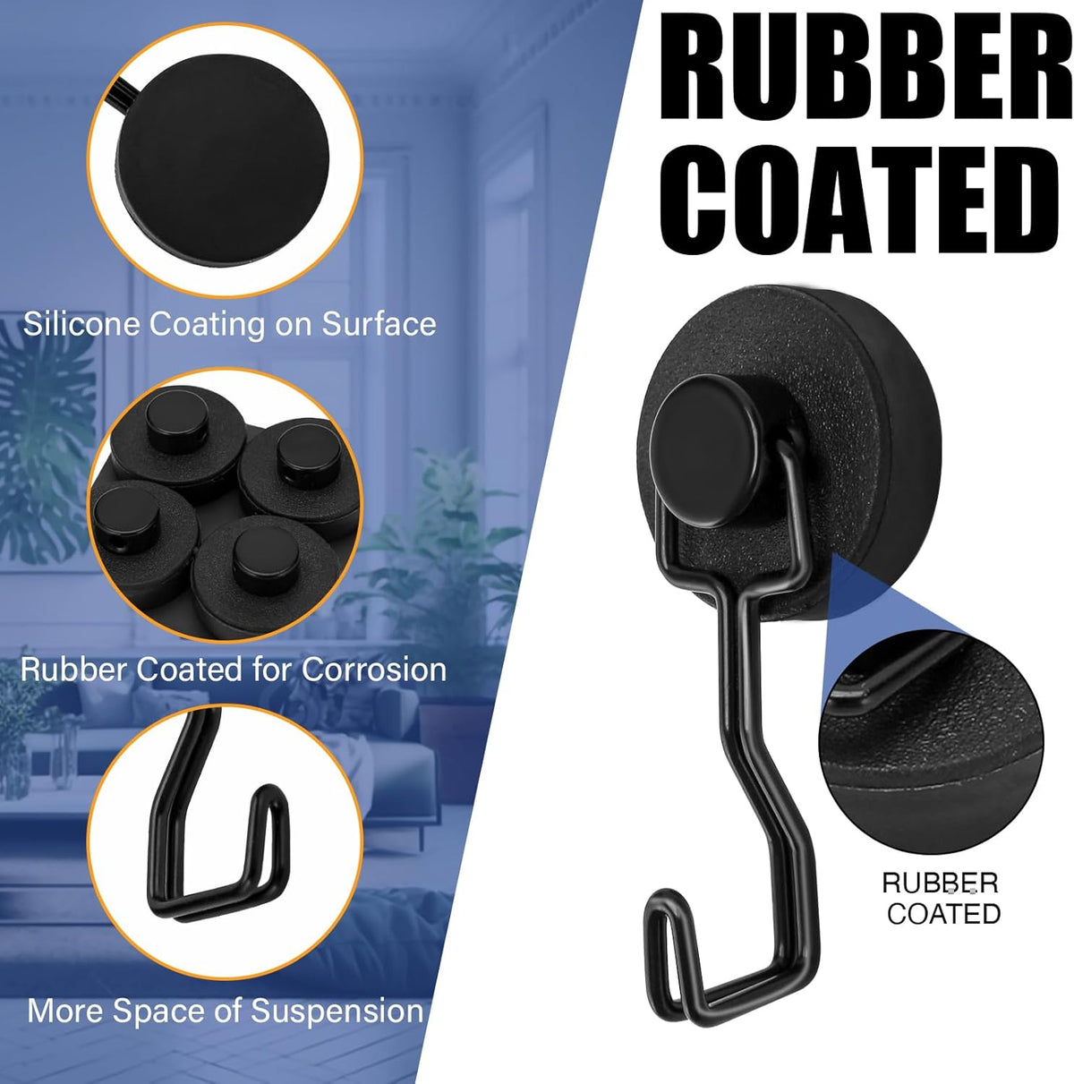 Magnetic Hooks for Grill & Refrigerator, 4-Pack Heavy Duty Rubber Coated Rust Proof Hooks – Strong Magnet for Hanging Grill Tools, Kitchen Utensils, Towels, Outdoor Camping BBQ Accessories (Black)