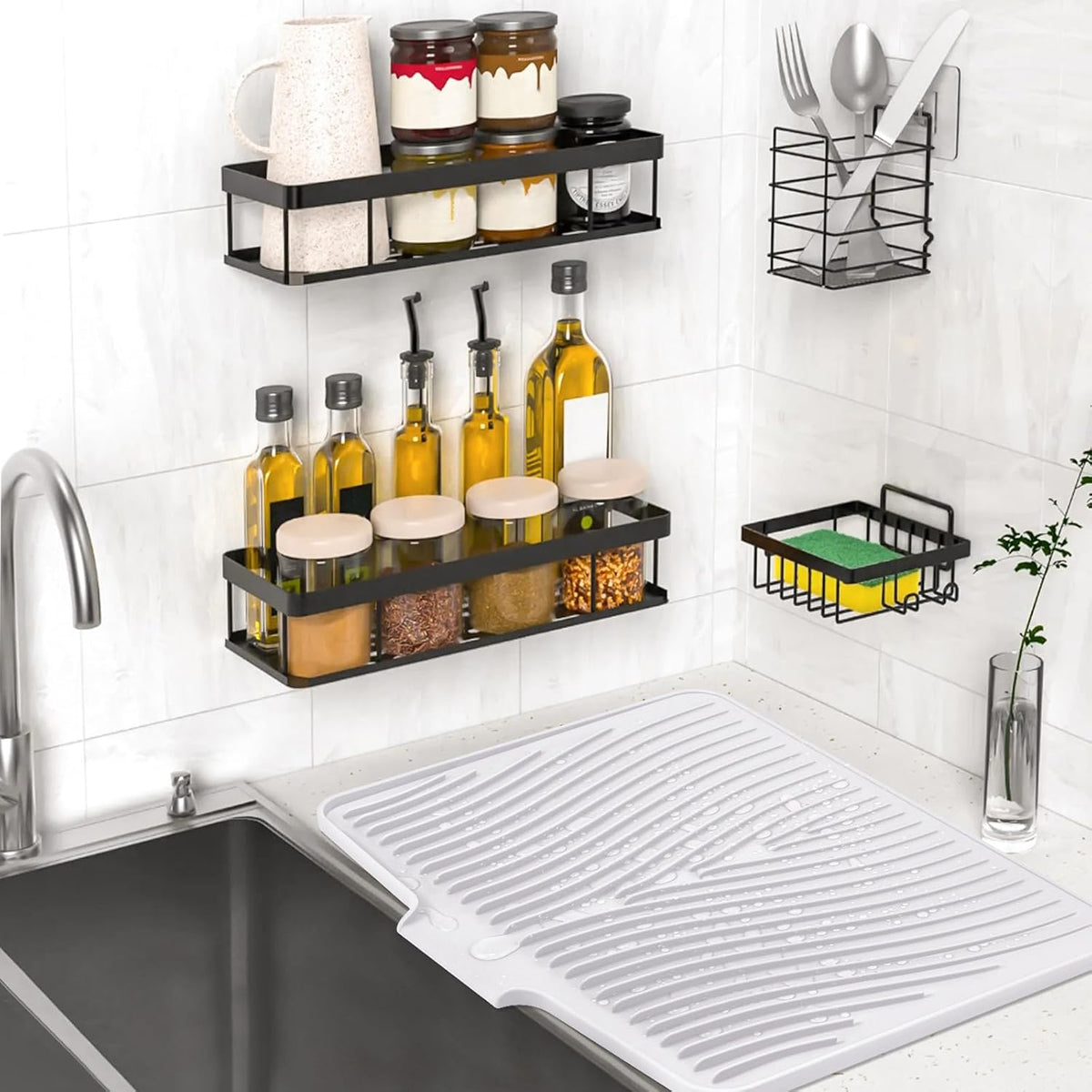 Dish Drying Mat,Stone Drying Mat for Kitchen Counter with Built-in Drain,Non-Slip Drying Matt Kitchen Counter, Heat Resistant Silicone Drying Mat, Dish Drying Pad, 2 Pcs(Ivory, 19.7"x17")