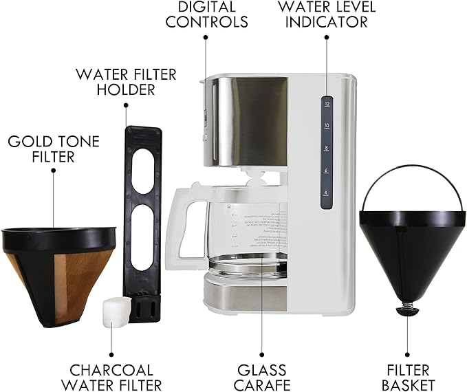 Kenmore Drip Coffee Maker - 12 Cup Programmable Cafe Machine With Glass Pot, Regular & Bold Brew, Auto Shut Off Large Water Reservoir, Reusable Filter, Kitchen Appliances For Cafeteria Barista, White