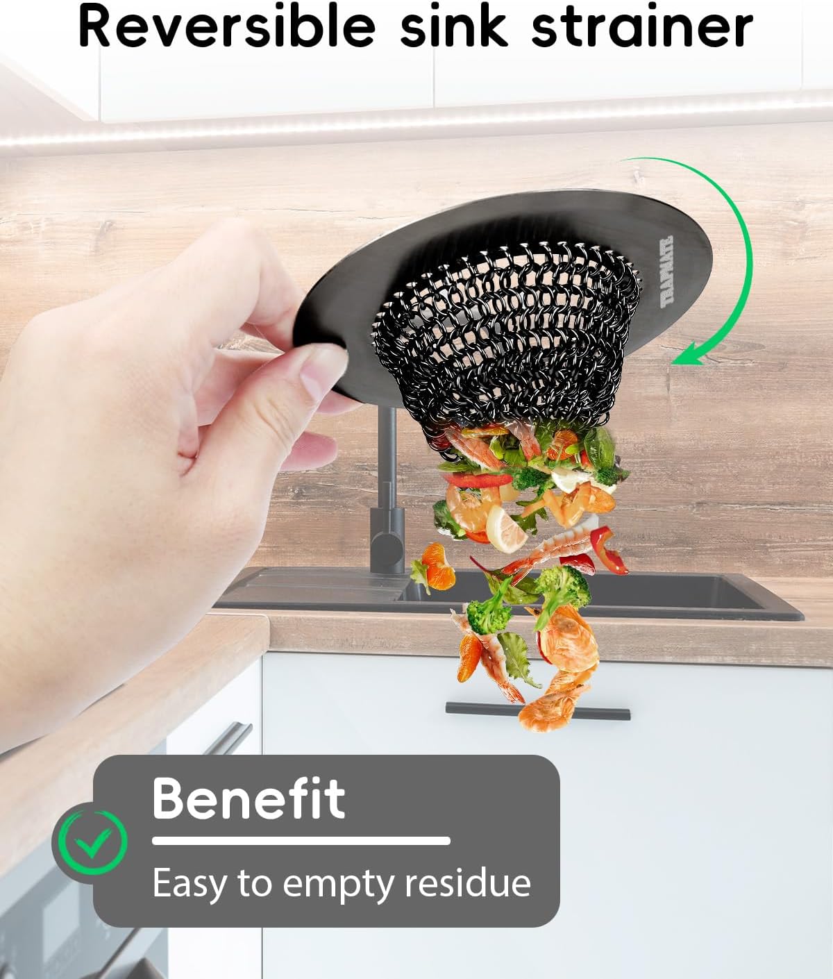 TRAPMATE Sink Drain Strainer | Reversible 304 Stainless Steel Kitchen Drain Cover | Anti-Clogging Garbage Disposal Strainer Fit US Standard Drain (Black)
