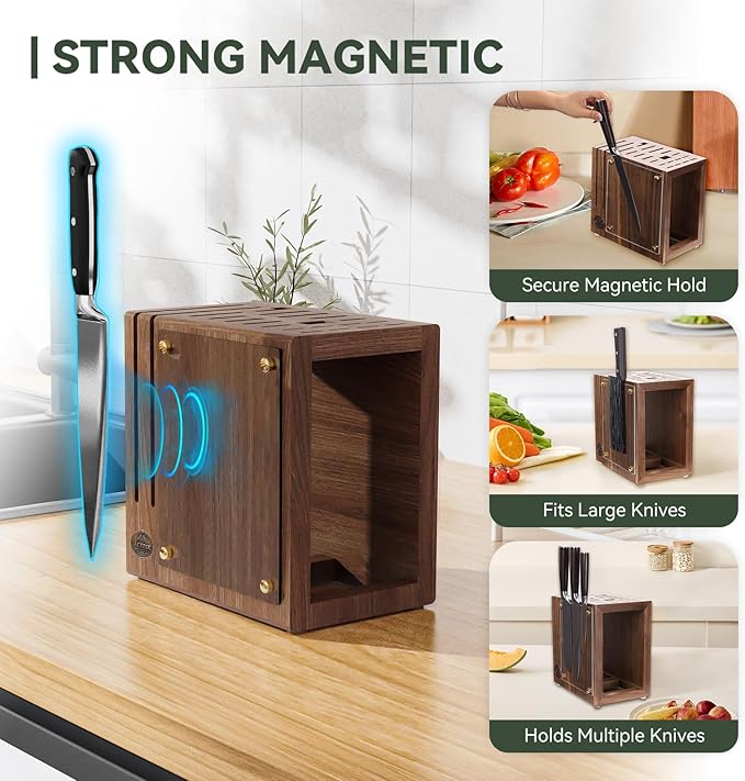 Magnetic Knife Block with Glass Cover, Universal Walnut Wood Knife Holder without Knives for Safe Knife Storage, Large Capacity Knife Storage Organizer for Kitchen Counter Top