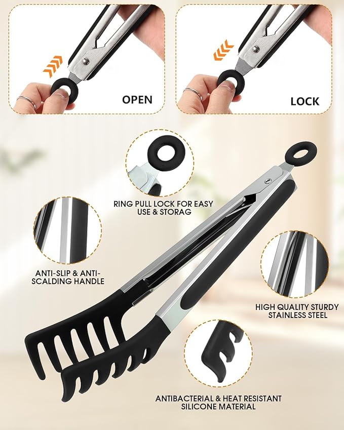 Spaghetti Spoon and Pasta Tong with Grip Teeth and Drain Holes, 2-Piece Non-Stick Silicone Head with Stainless Steel Handle, Heat Resistant Food Grade Utensils for Cooking, Serving, Salad and Noodles