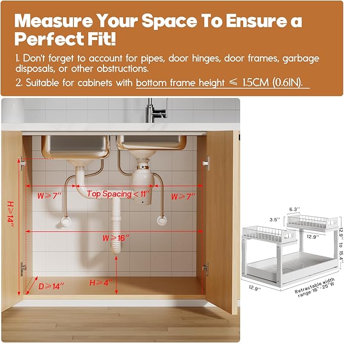 1 Pack Expandable Under Sink Organizers And Storage With Upgrade Ball-Bearing Slide Tracks,2-Tier Pull Out Under Cabinet Organizer Height Adjustable,Slide Out Under Sink Drawers-White(Patent Pending)