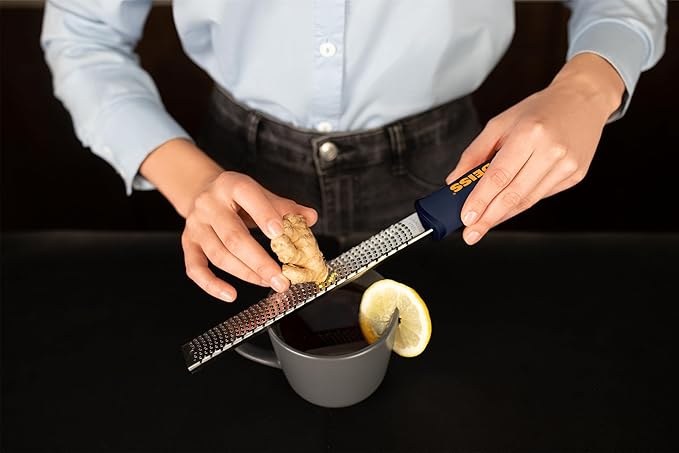 Deiss PRO Citrus Zester & Cheese Grater - Parmesan Cheese Lemon, Ginger, Garlic, Nutmeg, Chocolate, Vegetables, Fruits - Razor-Sharp Stainless Steel Blade, Wide, Dishwasher Safe (BLACK)