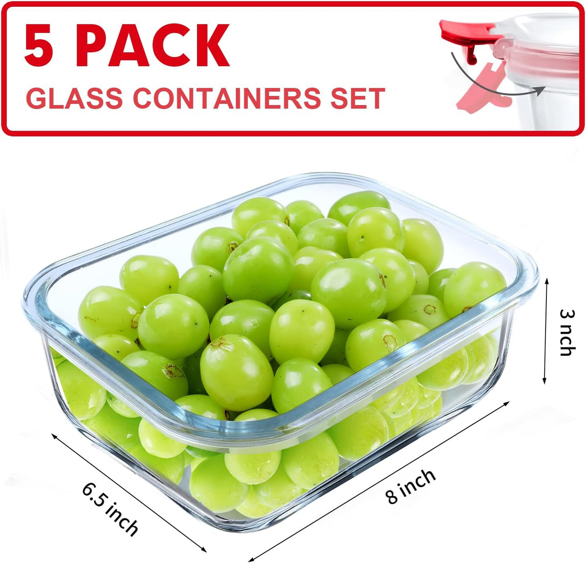 VERONES 5 Pack 36 OZ Glass Meal Prep Containers, Airtight Glass Lunch Containers Set, Glass Food Storage Containers with Lids,Exclusive of BPA, for Microwave, Oven, Freezer & Dishwasher Friendly,Red
