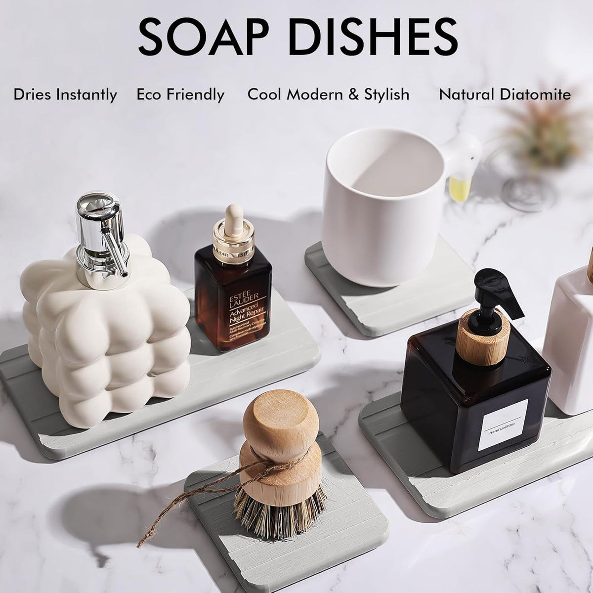 Evory Set of 4 Diatomite Soap Dishes, Kitchen & Bathroom Sponge Holders, Water Absorbing Stone Tray for Sink, Bathtub, Vanity (Light Grey)