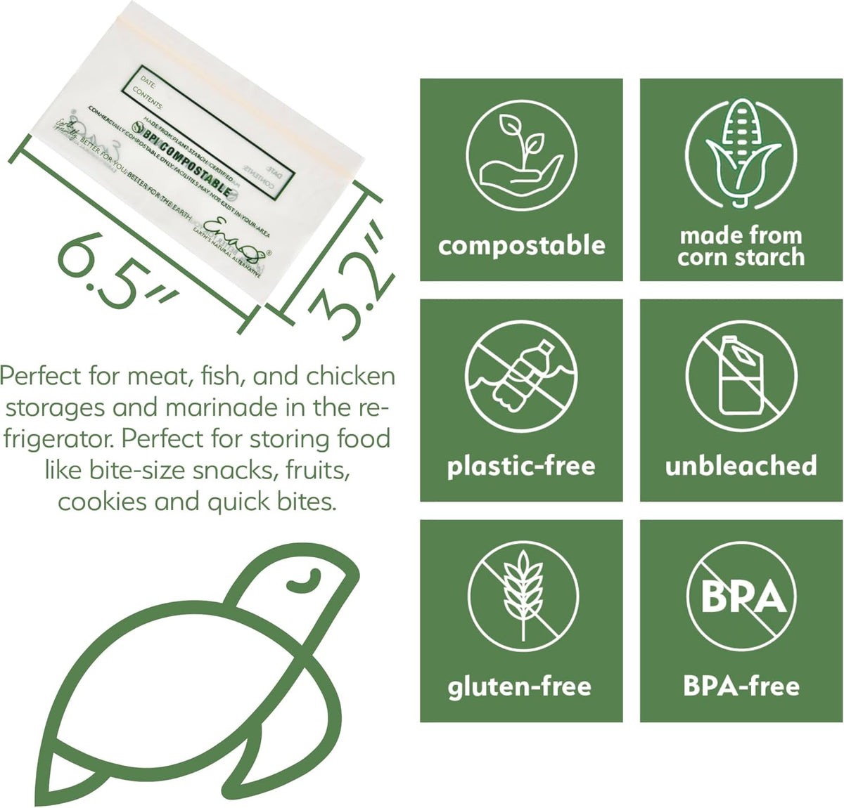 Earth's Natural Alternative Compostable Food Storage Bags, Reusable, Heavy-Duty | Resealable | Freezer Safe | Off-White | Pack of 6
