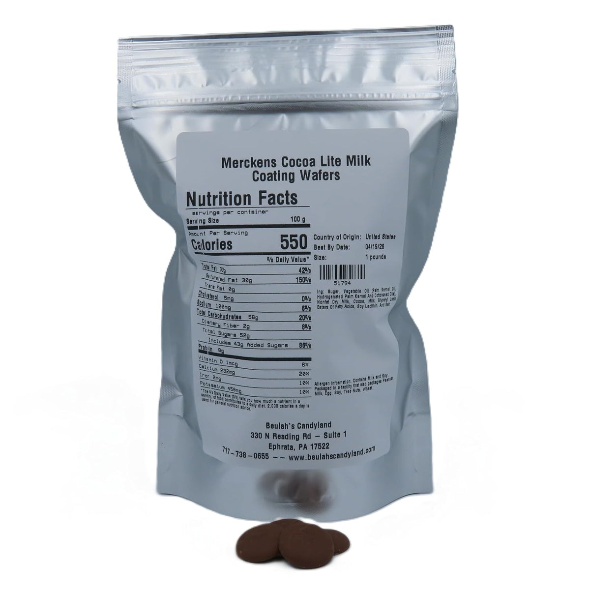 MERCKENS Coating Wafers, Milk Melting Chocolate, Cocoa Lite, 1 Pound Package