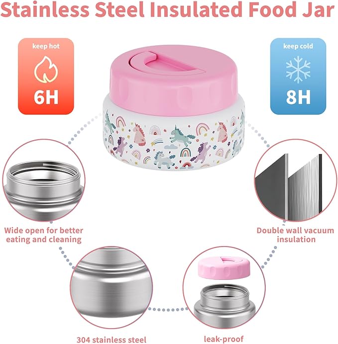 Bento Box for Kids with Thermo Food Container (9oz), 4-Compartment Lunch Box, Adjustable Divider, Leakproof Bento Lunch Box, Includes Utensils & Carry Bag for School, Office(White-Horse)