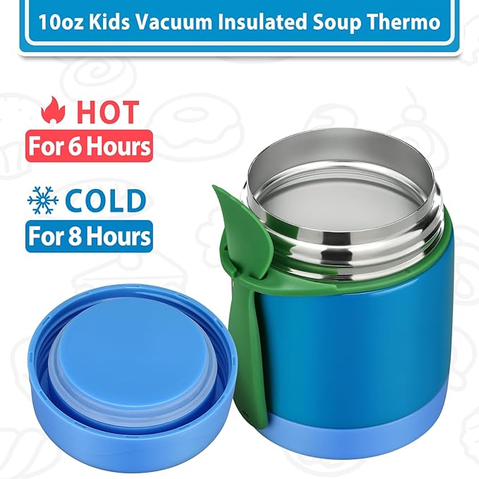 10oz Soup Thermo for Hot Food Kids,Lunch Thermo Kids Food Jar with Spoon Hot Insulated Food Containers,Leak Proof Stainless Steel Wide Mouth Lunch Food Jar for School(Blue)