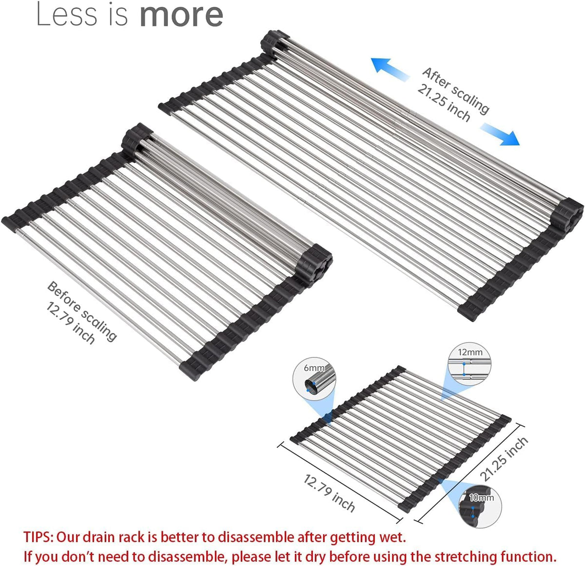 Expandable Large Draining Rack, Roll Up Heat-Resistant Dish Drainer for Stainless Steel Sinks, Collapsible Over The Sink Rack Non-Slip Silicone Rolling Up Rack 18 Tube