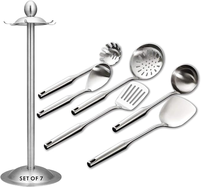 Kitchen Utensil Set – 6 Piece Stainless Steel Cooking Utensils with Rotating Holder Organizer Includes Slotted Spoon, Slotted Spatula, Large Spoon, Soup Ladle, Spatula, Pasta Server Silver/7PCS