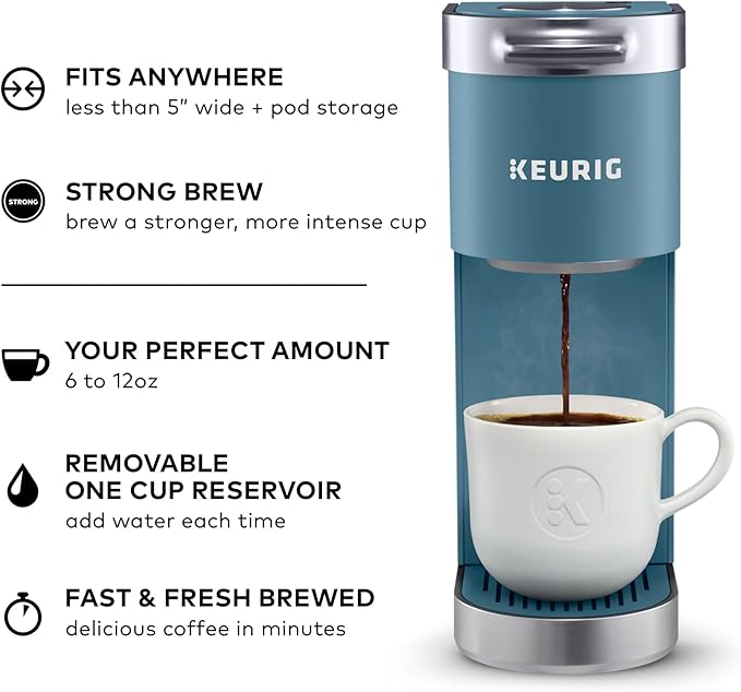 Keurig K-Mini Plus Single Serve K-Cup Pod Coffee Maker, with 6 to 12oz Brew Size, Stores up to 9 K-Cup Pods, Travel Mug Friendly, Evening Teal