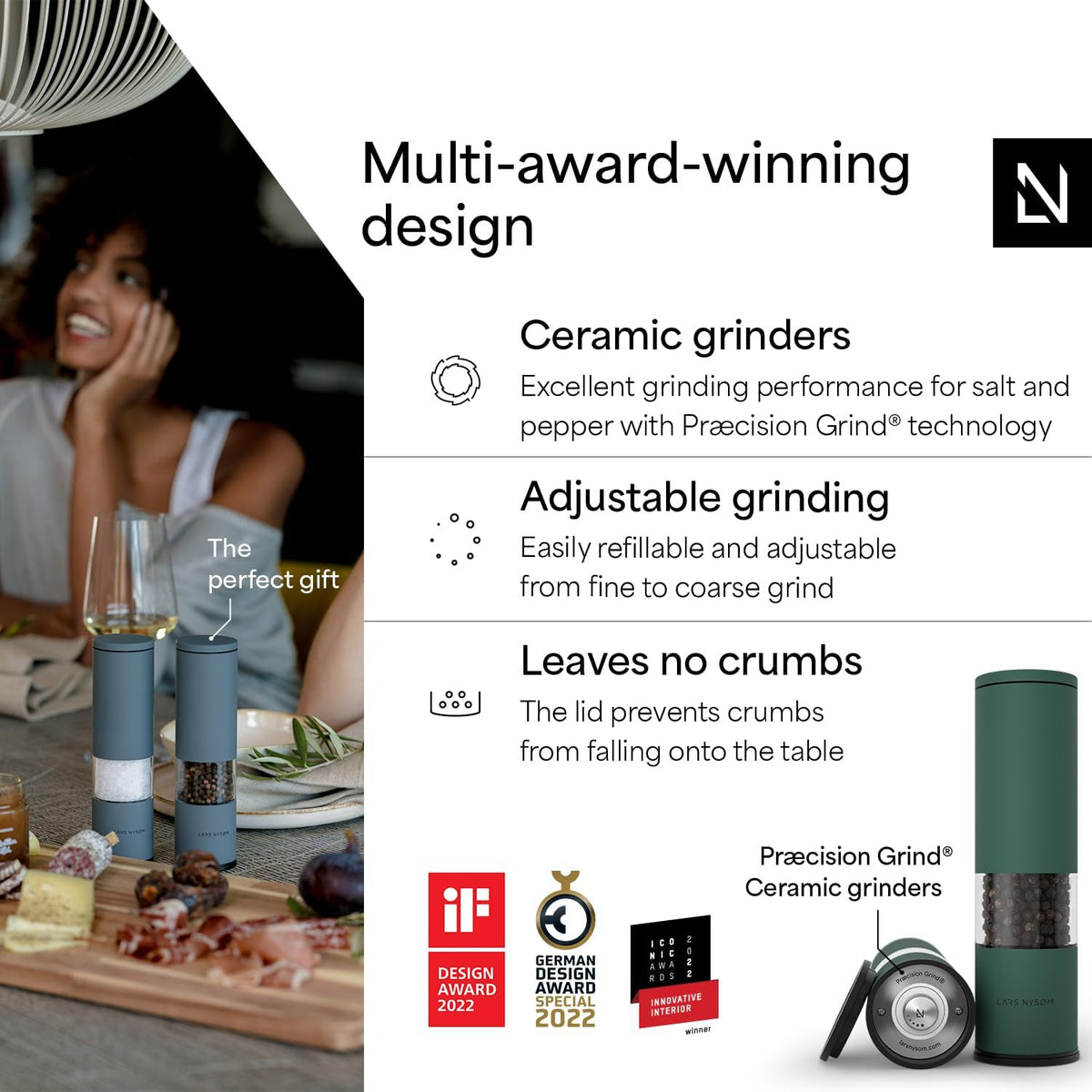 LARS NYSØM Salt and Pepper Grinder Set Manual, Stainless Steel Salt and Pepper Mills with Adjustable Ceramic Grinder I Design Spice Shakers (Pine Green)