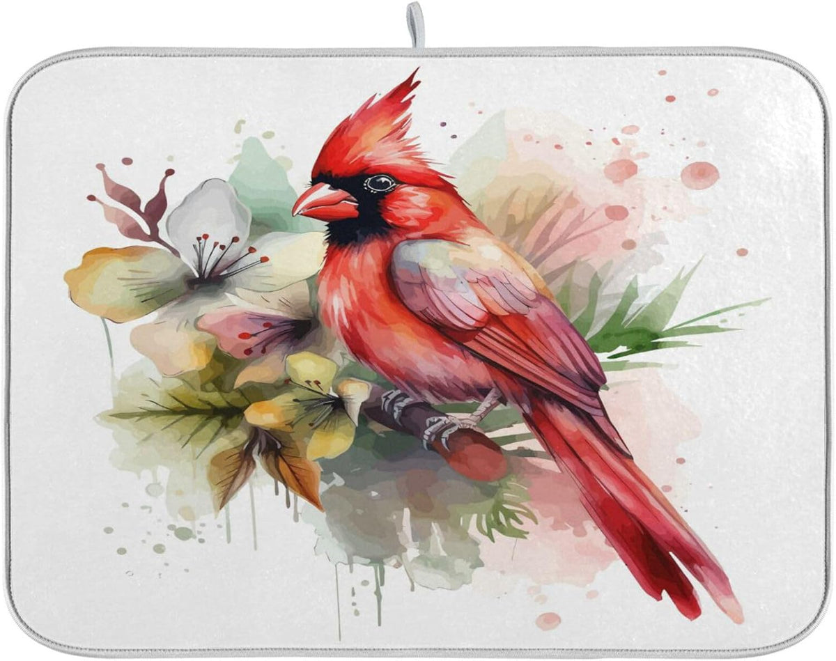 Cute Cardinal Christmas Dish Drying Mat for Kitchen Counter Absorbent Microfiber Drying Pad, Medium 16x18 in, Reversible Drainer Mats