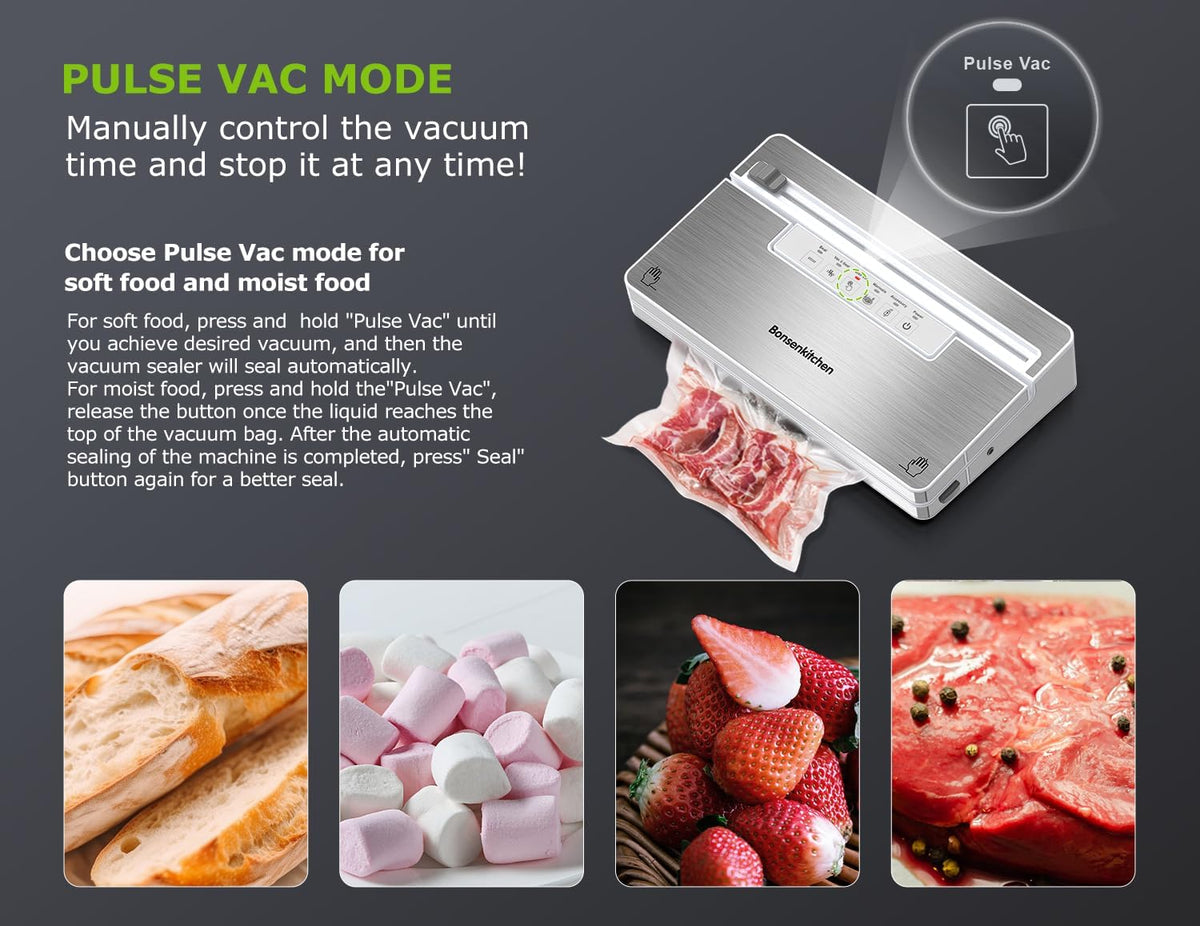 Bonsenkitchen Vacuum Sealer Machine, Stainless Steel Food Sealer Vacuum Sealers with 30 Bags & 1 Roll, 5 Food Vacuum Modes, Built-in Cutter & Bag Storage (White Silver)