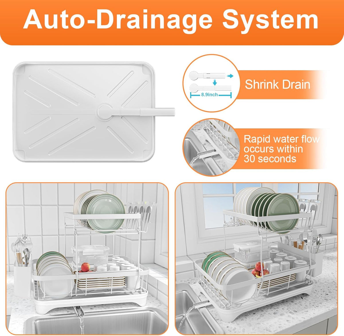 Dish Drying Rack - Auto Draining Dish Rack for Kitchen Counter, Large Capacity Dish Drainers Organizer with Drainboard, 2-Tier Drying Rack with Utensil Holder White