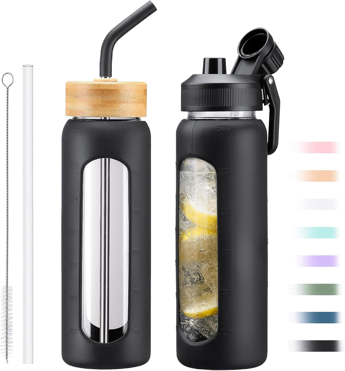 Glass Water Bottle with Straw, 24oz Glass Drinking Bottle with 2 Lids-Bamboo and Spout Lid with Phone Holder Handle for Gym Sports,with Silicone Sleeve and Time Marker,Black