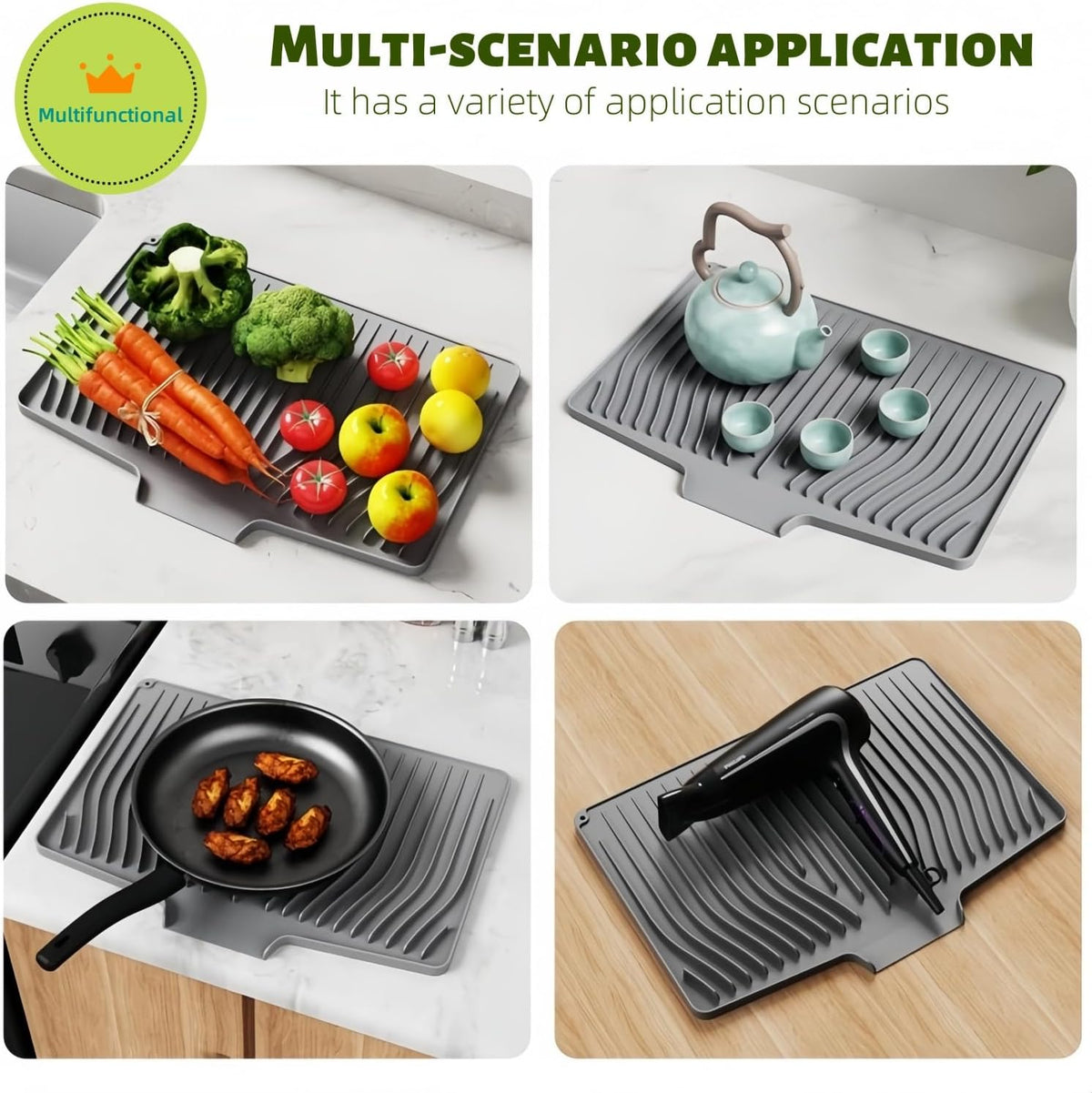 CIEO Silicone Dish Drying Mat for Kitchen Counter, Slope Fast Self-Draining, Non-Slip Drain Pad, Easy Clean Countertop Protection Mat, Multiple Use for Dishes Drying Rack（18.9"x 13.58",Black）