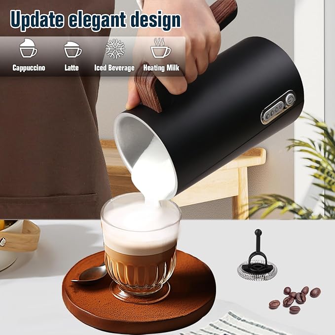 Electric Milk Frother and Steamer, 4-in-1 Milk Steamer with Wood Elements Design, Automatic Hot & Cold Foam Maker for Latte, Cappuccinos, Macchiato, Milk Warmer, Black (black)