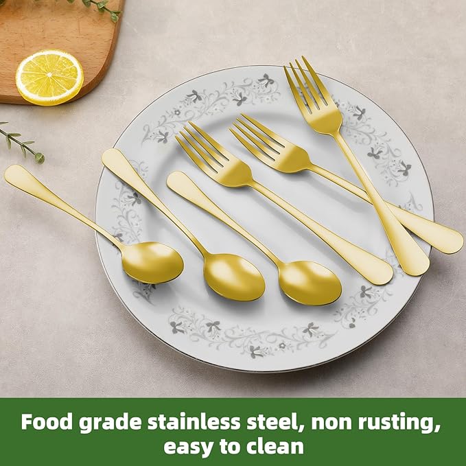 24 Pcs Gold Forks and Spoons Silverware Set, Food Grade Stainless Steel Flatware Cutlery Set for Kitchen and Restaurant, 12 Dinner Fork(8") and 12 Teaspoon(6.7"), Mirror Polished, Dishwasher Safe