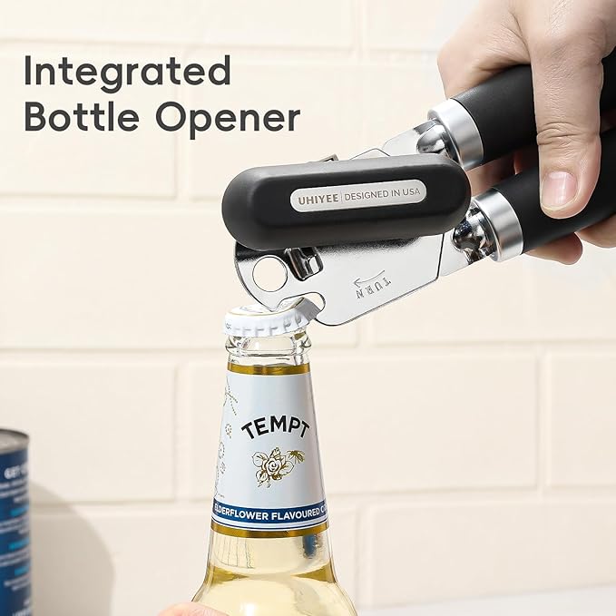 Can Opener Manual, UHIYEE Hand Held Manual Can Openers Heavy Duty with Smoother Cut Sharp Blade, Manual Hand Can Open with Soft Handle, Easy to Turn Knob, Magnetic Lid Lifter, Black