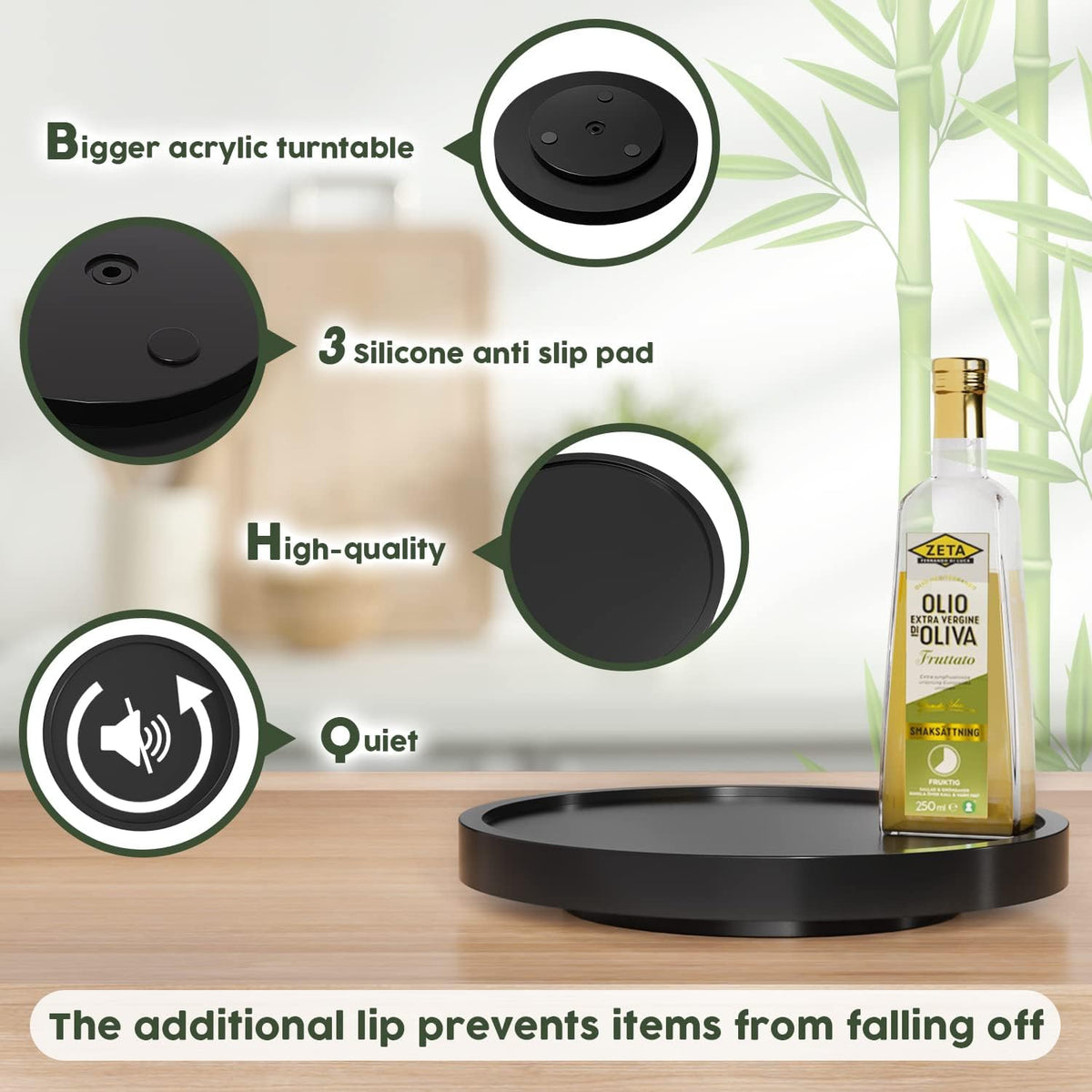 Turntable Vanity Tray 9 Inch for Perfume Candle, Bamboo Kitchen Sink Countertop Organizer for Keep Glass, Sponge and Soap Bathroom Countertop Organizer Black