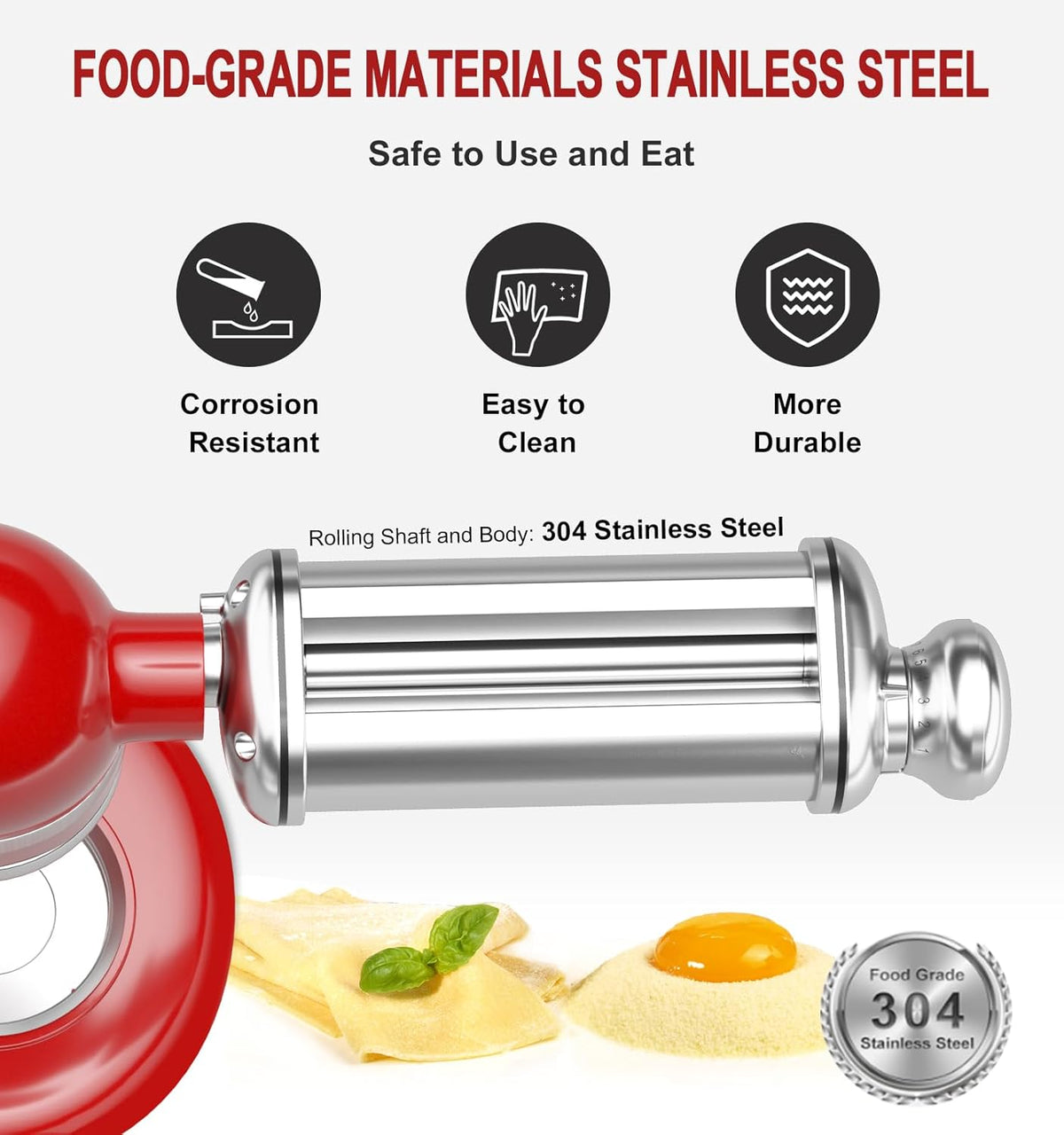Pasta Roller Attachment for Kitchenaid Stand Mixer, Stainless Steel Pasta Maker Attachment with 8 Adjustable Thickness Knob, Dough Pasta Sheeter Roller for Raviolis Pasta