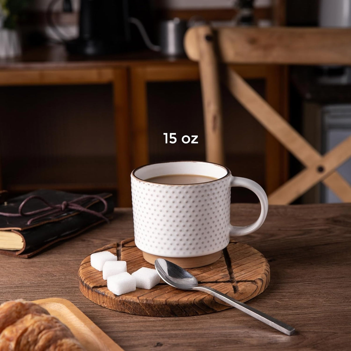 GBHOME 15OZ Stackable Coffee Mugs, Ceramic Coffee Mugs with Texture Patterns for Man,Woman,Dad,Mom, Modern Coffee Mugs Set of 4 for Latte/Cappuccino/Cocoa. Dishwasher&Microwave Safe, Off White
