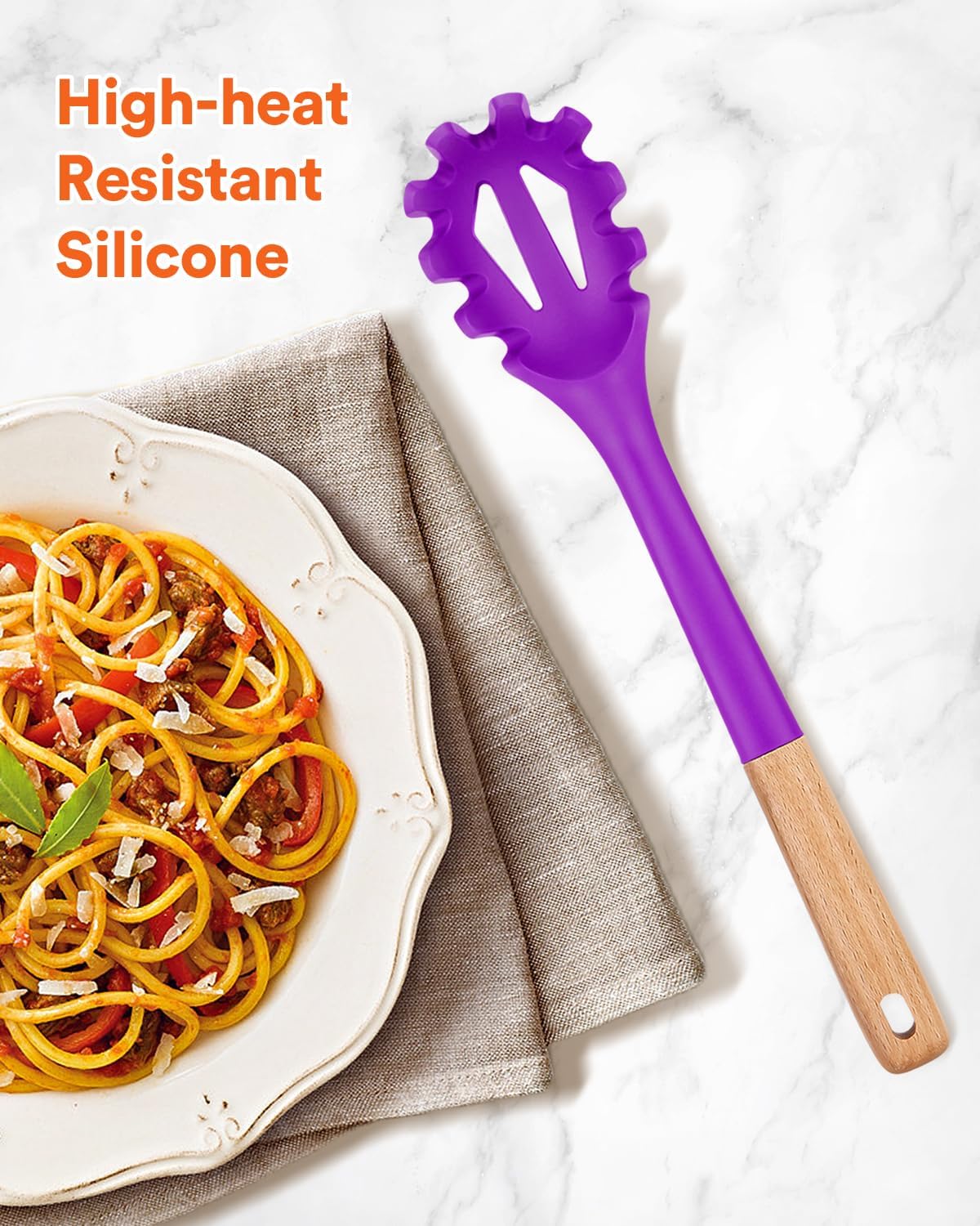 Silicone Pasta Fork, Kitchen Heat Resistant Noodle Spoon Server, BPA Free Spaghetti Strainer,12.8 inch (BERRY)