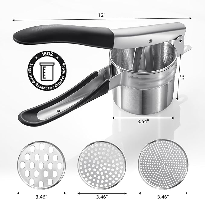 Potato Ricer, Sopito Upgraded Stainless Steel Potato Masher with 3 Interchangeable Discs, Heavy Duty Kitchen Tool Gadget