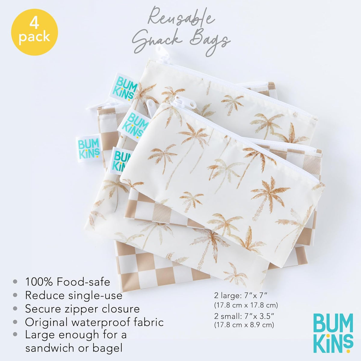 Bumkins -Cloth Snack & Sandwich Bags -For Storage, Travel, Food Prep, Lunch -Reusable, Water Resistant, Washable, Dishwasher Safe -Snack Bags for Kids -Zipper Closure -Beige Check & Palm Trees -4 Pack
