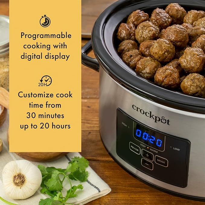 Crock-Pot 4 Quart Travel Proof Cook and Carry Programmable Slow Cooker with Locking Lid, Convenient Handles, and Digital Display, Stainless Steel