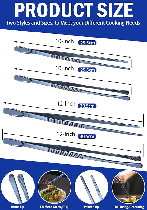 JETKONG 4 Pcs Kitchen Tweezers, 12'' and 10'' Stainless Steel Cooking Tweezers Set, High-Precision Tweezers Tongs for Cooking, Repairing, Seafood and BBQ (Blue)