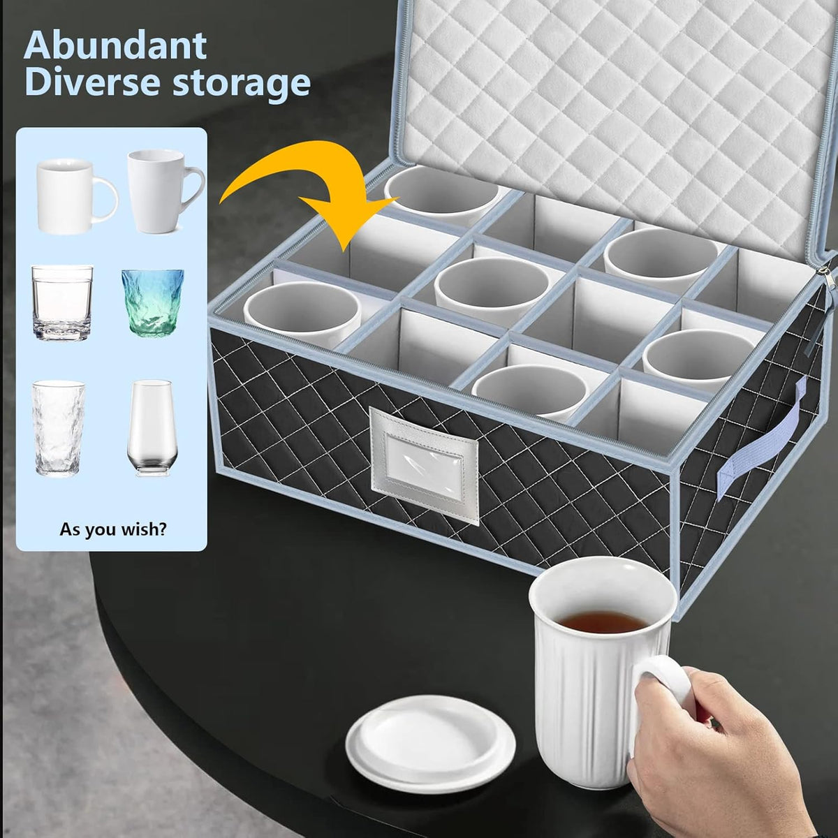VERONLY Mug and Cup Storage Box with Dividers - 2 Pack China Storage Bin Containers Holds 24 Glassware, Stackable Coffee Mug Organizer Bin and Tea Cup with 2 Metal Zipper,Label and Handles (Grey)