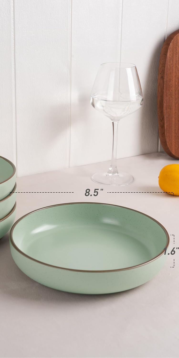 famiware Mercury Pasta Bowls Set of 4, 33 oz Large Salad Bowls, Stoneware Pasta Plates Bowls, Serving Bowls for Kitchen, Microwave & Dishwasher Safe, Light Green