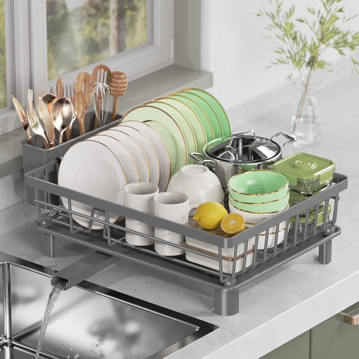 Dish Drying Rack, Stainless Steel Drainer Rack with Drainboard with Smart Drainage System, Space Saving Dish Strainer for Kitchen Counter with Cutlery Holder, Grey