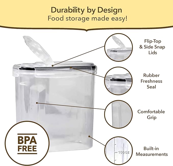 Simply Gourmet Airtight Cereal Containers with Lids – 3 Piece Tall Kitchen Pantry Organization Set, BPA-Free Clear Plastic, Pour Spout Lids for Breakfast Cereal, Rice, Flour, Sugar, Snacks