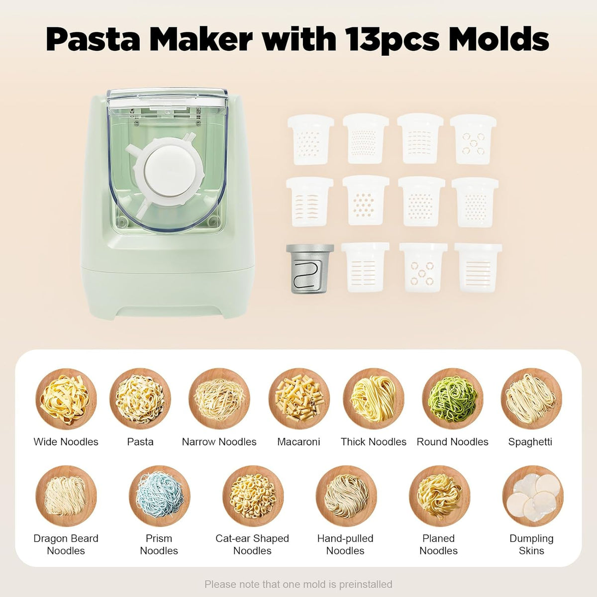 110V 260W Green Electric Pasta Maker Machine,Automatic Roller Noodle Maker Dumpling Skin Dough Machine with 13 Molds for Home Kitchen Use